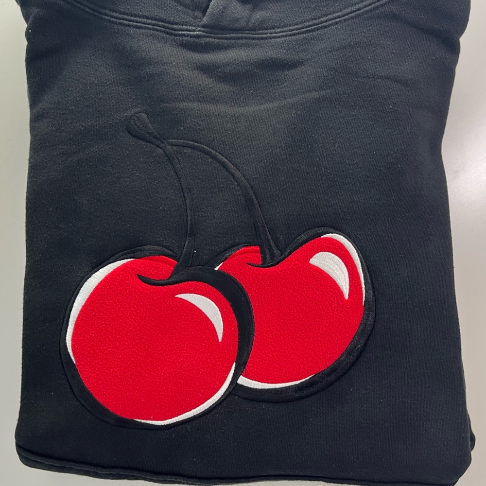 black hoodie with cherry